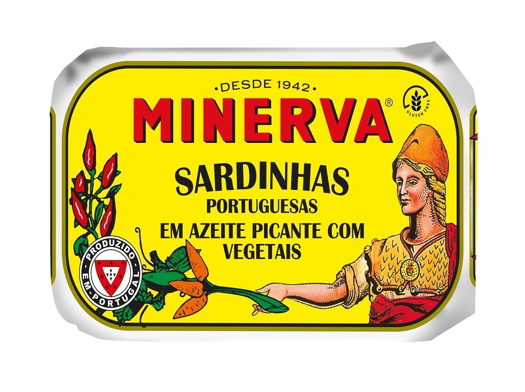 SARDINHA AZEITE PICANTE MINERVA C/ PICKLES 120(85)G
