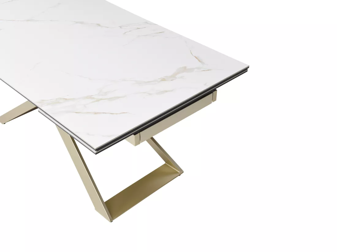 Table à manger extensible 6 à 10 personnes en céramique, verre trempé et métal - Effet marbre blanc et Doré - XERENA de Maison Céphy