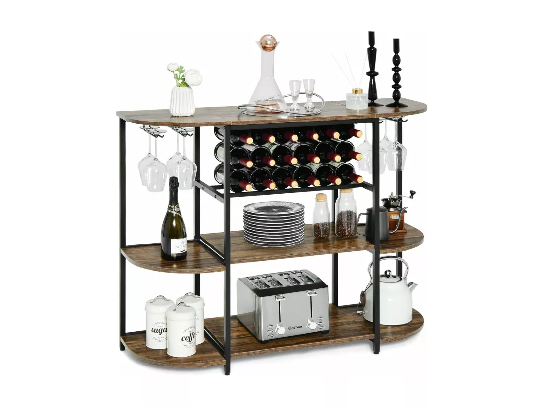 Meuble de Rangement à 3 Niveaux avec Casier de Vin et 4 Porte-Verre en Fer, Étagères de Vin pour 18 Bouteilles, Cadre en Métal, pour Cuisine, Salle à Manger, Salon, Rustique Marron
