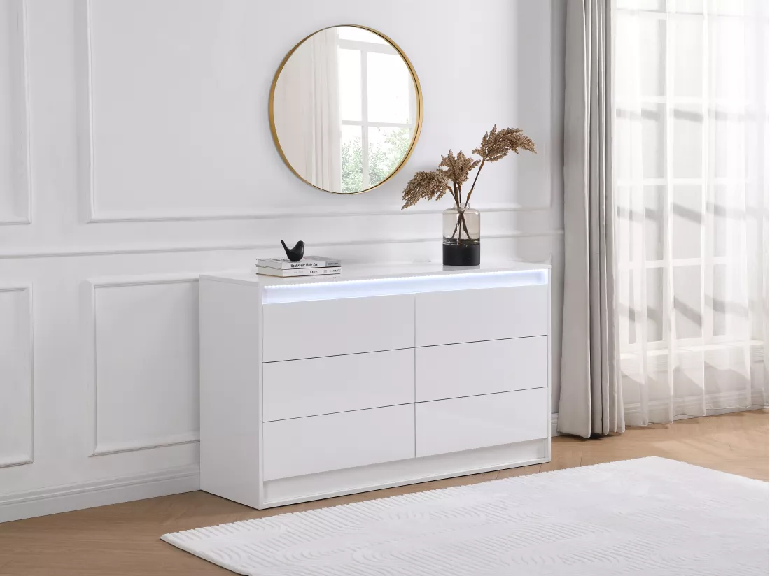 Commode 6 tiroirs - Avec LEDs - MDF - Blanc - RUKALO