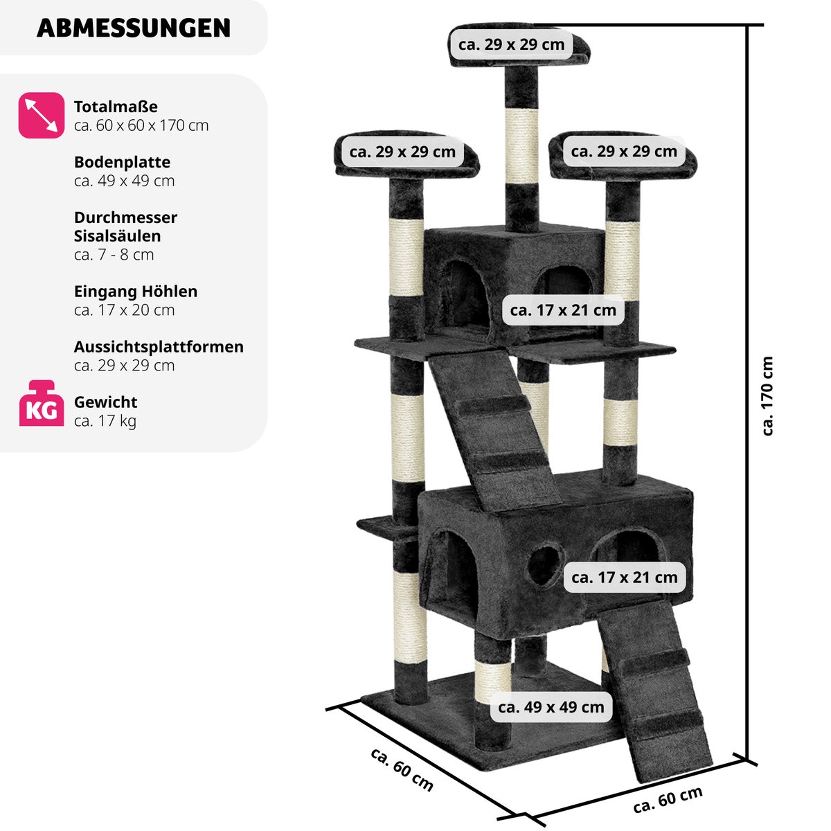 tectake Mogli 170 cm kattenboom inclusief 2 trappen en anti-kantelvoorziening