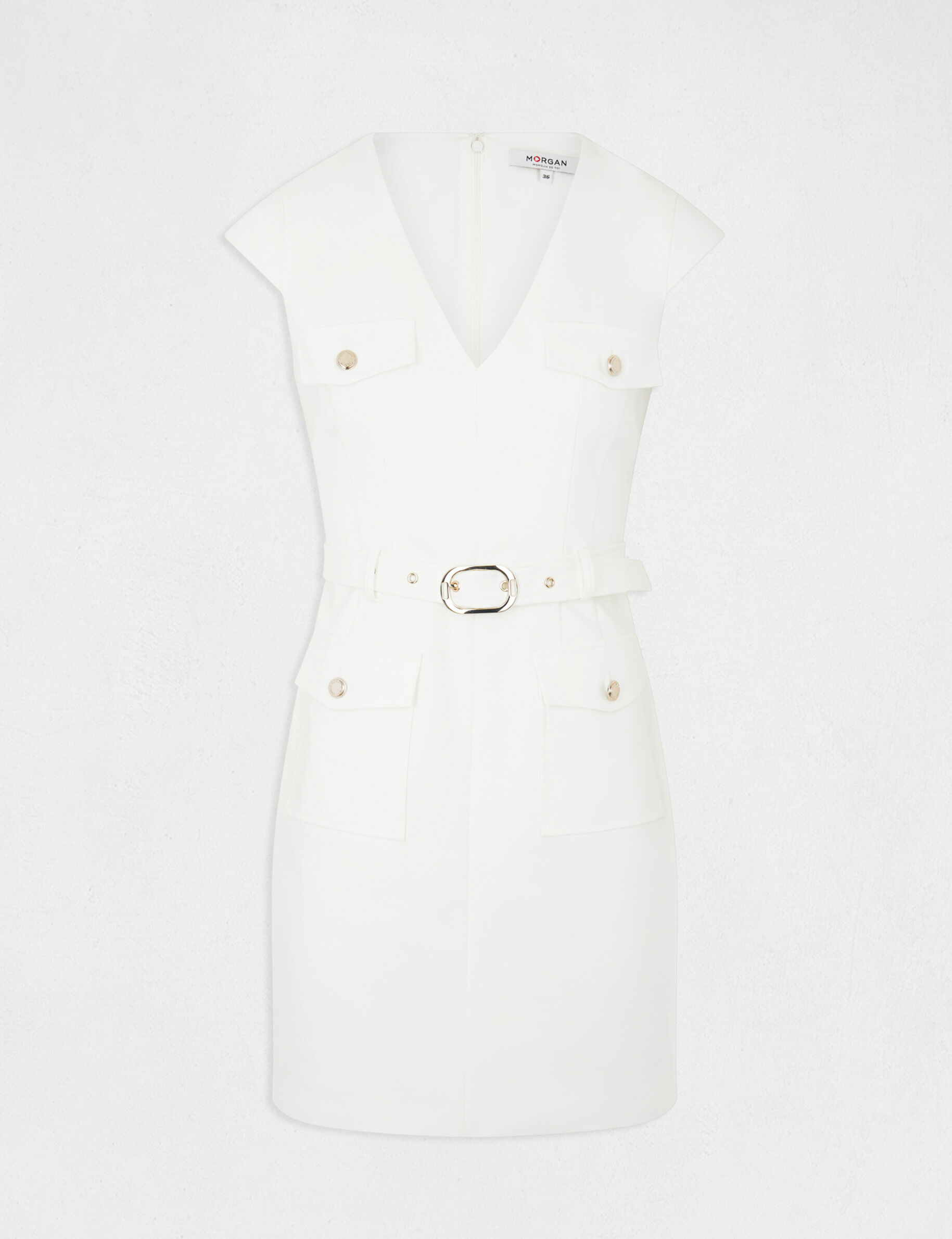 Robe ajustée ceinturée avec col en V ecru femme - ecru