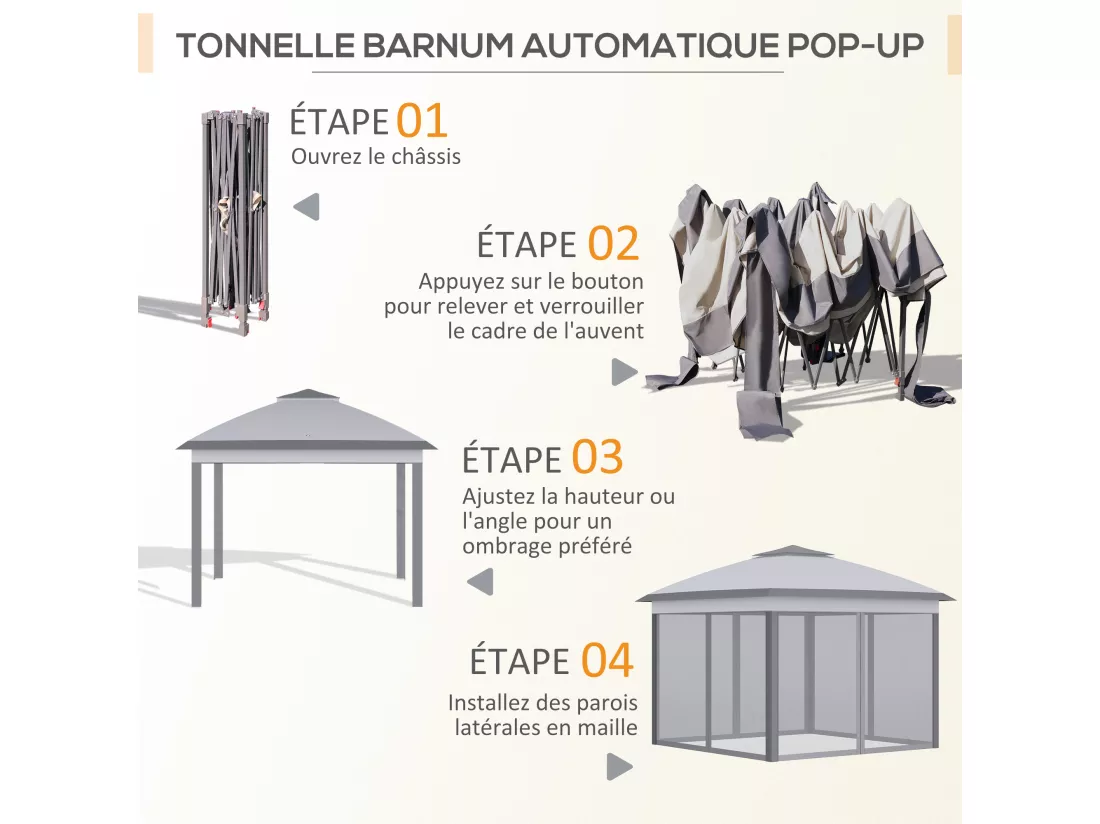 Tonnelle barnum automatique pop-up dim. 3,3L x 3,3l x 2,88H m moustiquaires sac transport métal oxford gris