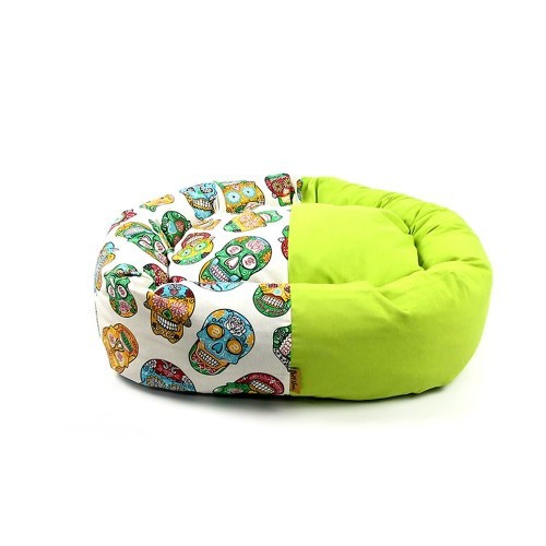 Cama para cachorro em formato de donut com caveira mexicana, verde.