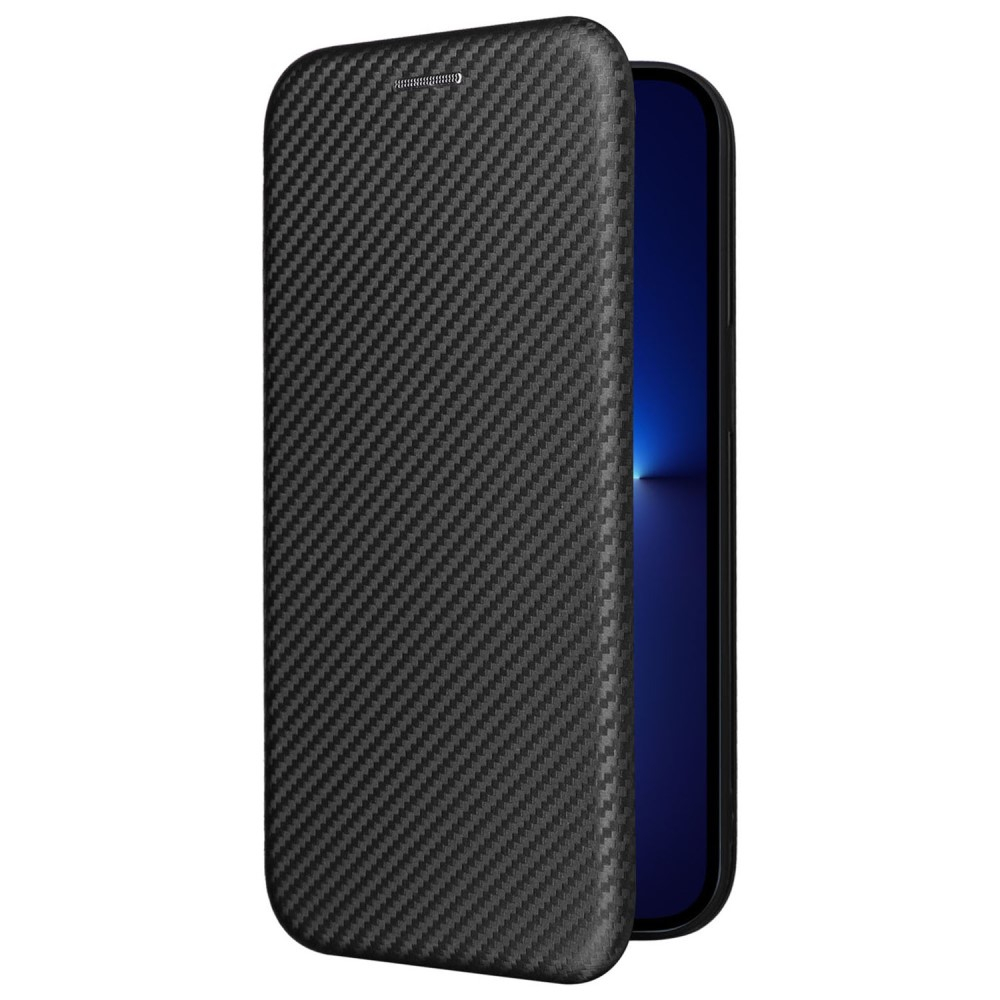 iPhone 14 Leder Tasche Flip Cover Carbon Look - Schwarz