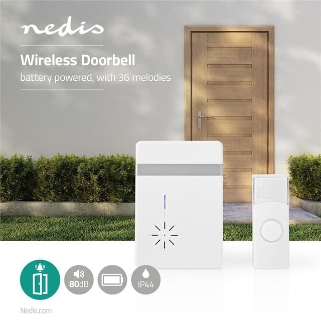 Nedis Trådløst Dørklokke Sæt | Batteri | 3 V DC | 1x CR2032 | Volume: 80 dB | Signalområde: 300 m | IP44 | 36 Melodier | 1 Modtager | Hvid