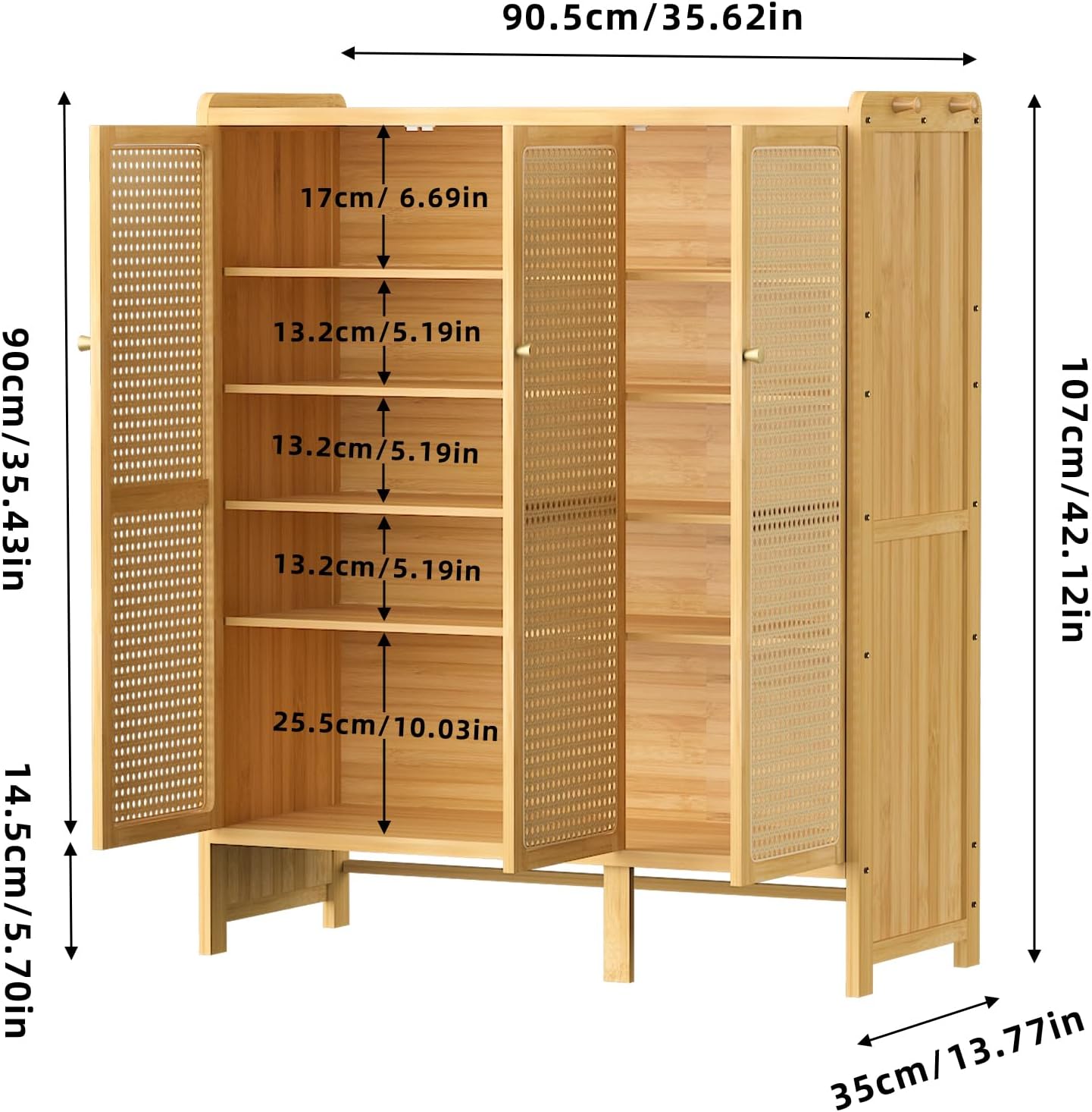 unho Meuble Chaussure d'Entrée en Bambou: Rangement Chaussure avec 5 Étagères Armoire à Chaussures avec 4 Crochets Design - 90.5 × 35 × 107 cm AK3268739