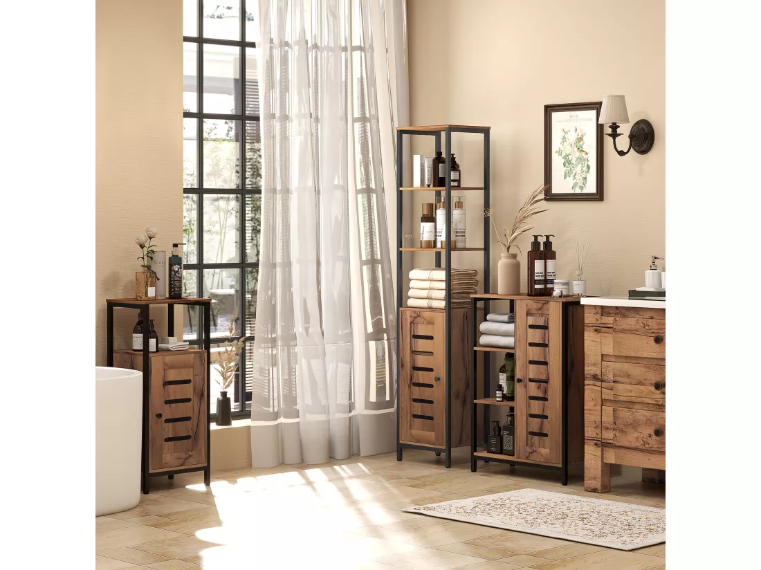 Meuble bas de salle de bain avec porte, armoire de toilette structure en acier, meuble colonne sur pied avec niche ouverte et étagère réglable, 37 x 30 x 85 cm, brun rustique