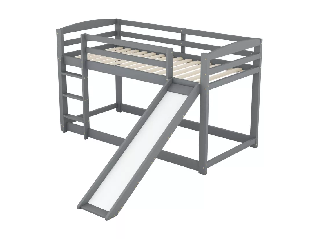Lit superposé 90 x 200 cm - Avec toboggan et escalier - Pin - Charge max 120 kg - Gris