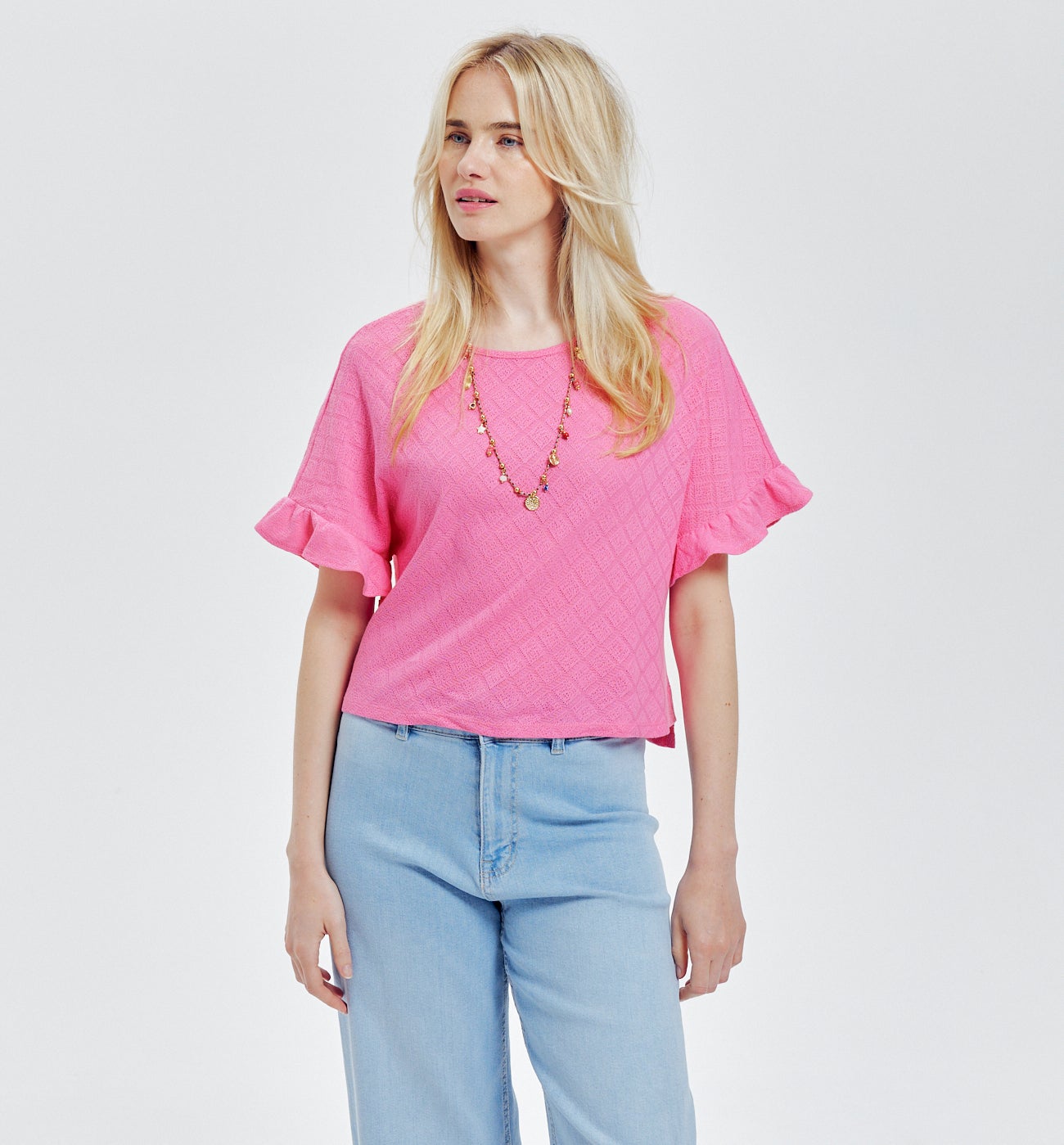 T-shirt ajouré effet pointelle - Rose