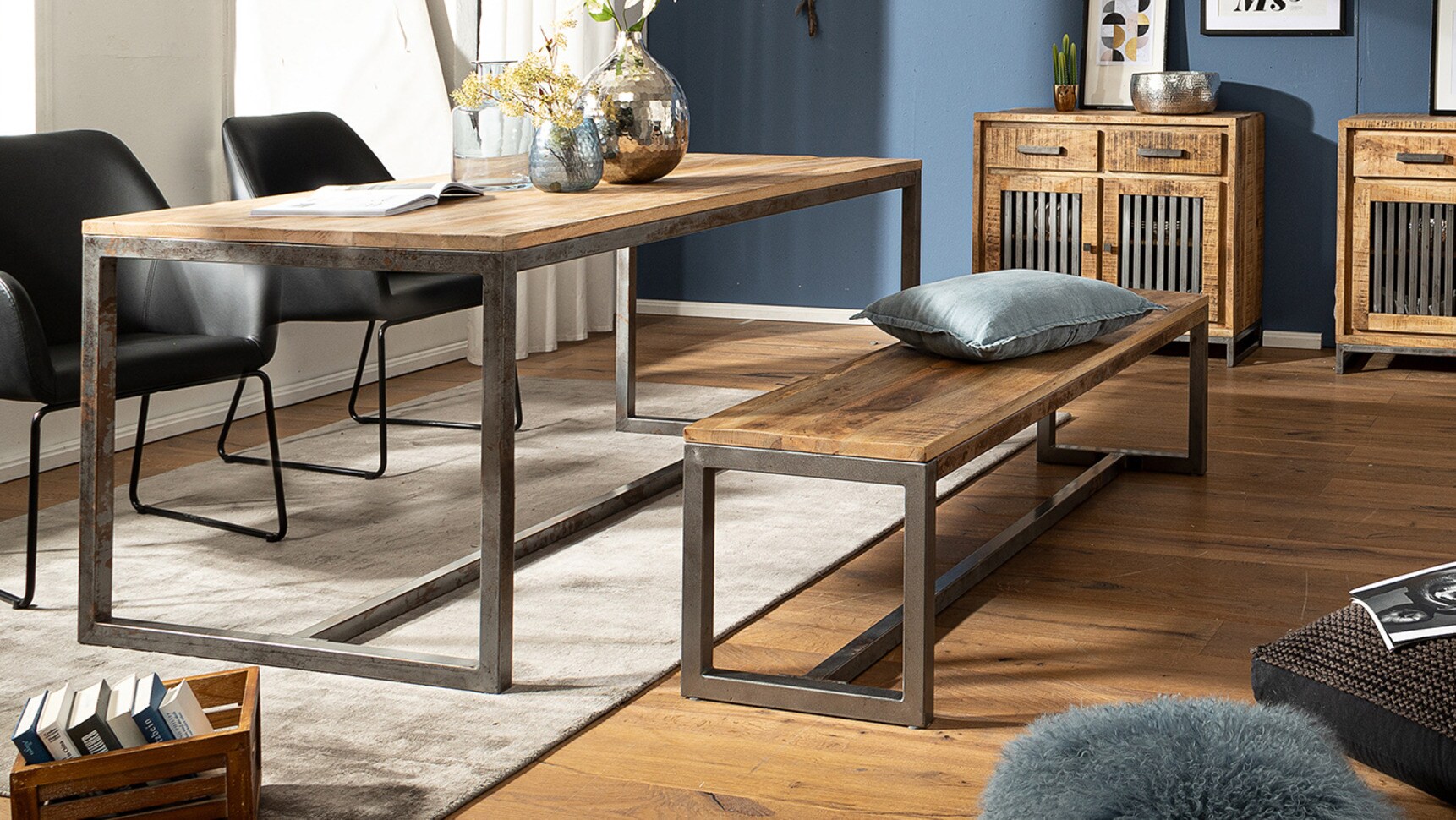 KADIMA DESIGN Vintage Esszimmerbank im Mangoholz-Stil mit Metallgestell, Stabil & Unikat