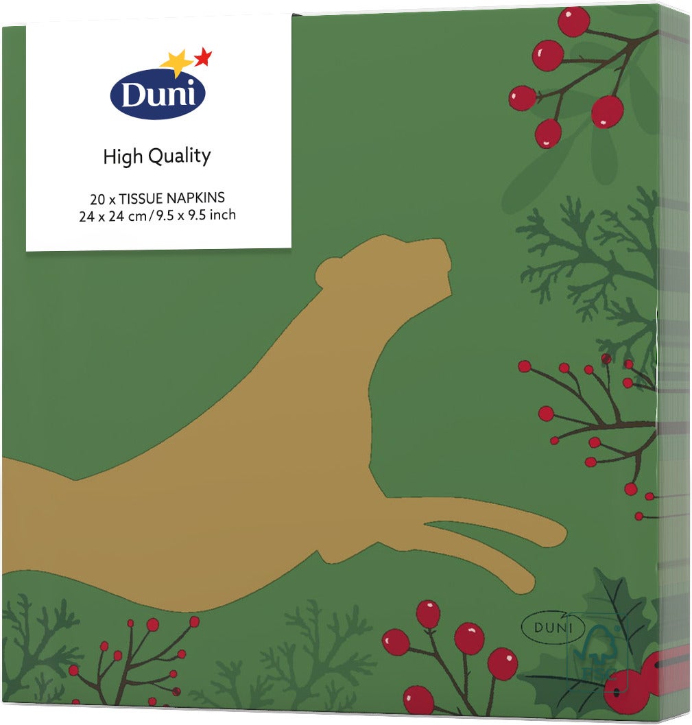 Duni servetten Wild Xmas groen / goud 24 x 24 cm 20 stuks