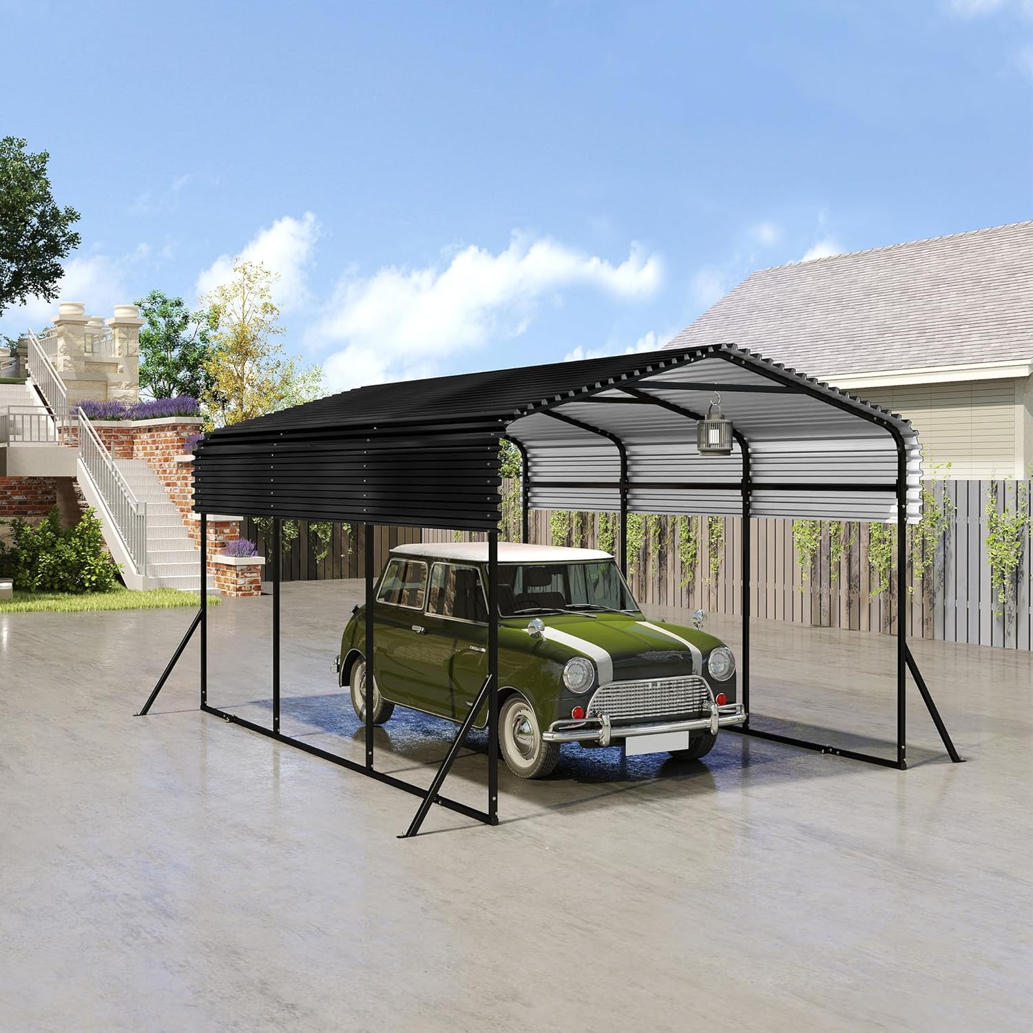Outdoor-Autozelt-Garage | 10 x 15FT Carport Schwarz | Metall Außengarage-Auto-Unterstand| Schatten mit verzinktem Metalldach für Autos und Boote biwakzelt