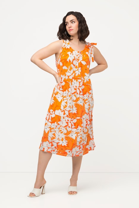 Midikleid, Blüten, Rundhals, Rüsche, Volants, ärmellos