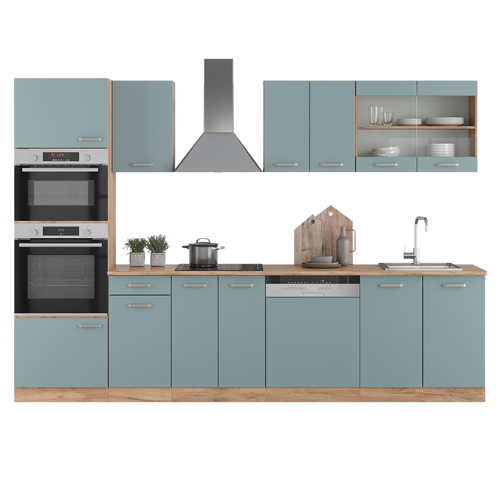 Vicco Küchenzeile R-Line Solid Eiche Blau Grau 300 cm modern Küchenschränke Küchenmöbel