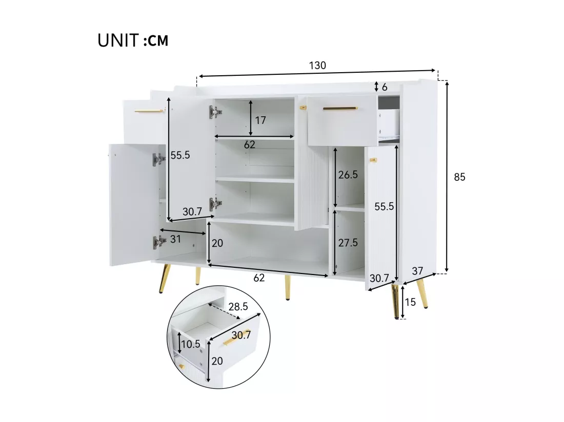 Meuble à chaussures - 2 tiroirs + 4 portes + compartiment ouvert - Blanc