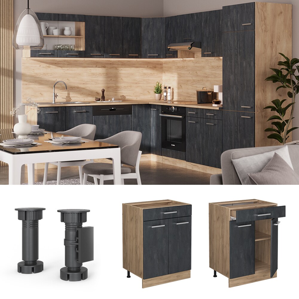 Vicco Schubunterschrank R-Line Schwarz Beton Eiche 60 cm mit Arbeitsplatte Anthrazit