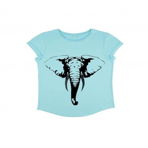 Camiseta feminina de manga curta com estampa de totem animal, em algodão orgânico, com elefante turquesa.