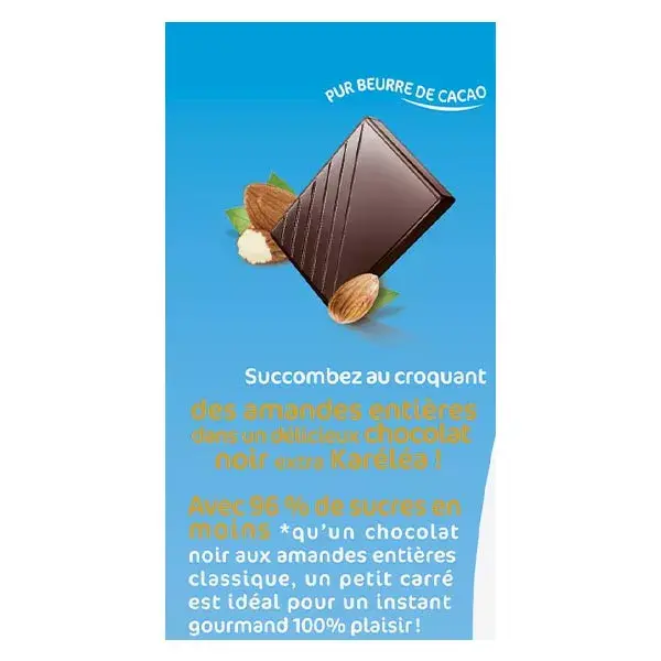 Barra de chocolate amargo com amêndoas Karéléa Chocolate sem adição de açúcar, 150g