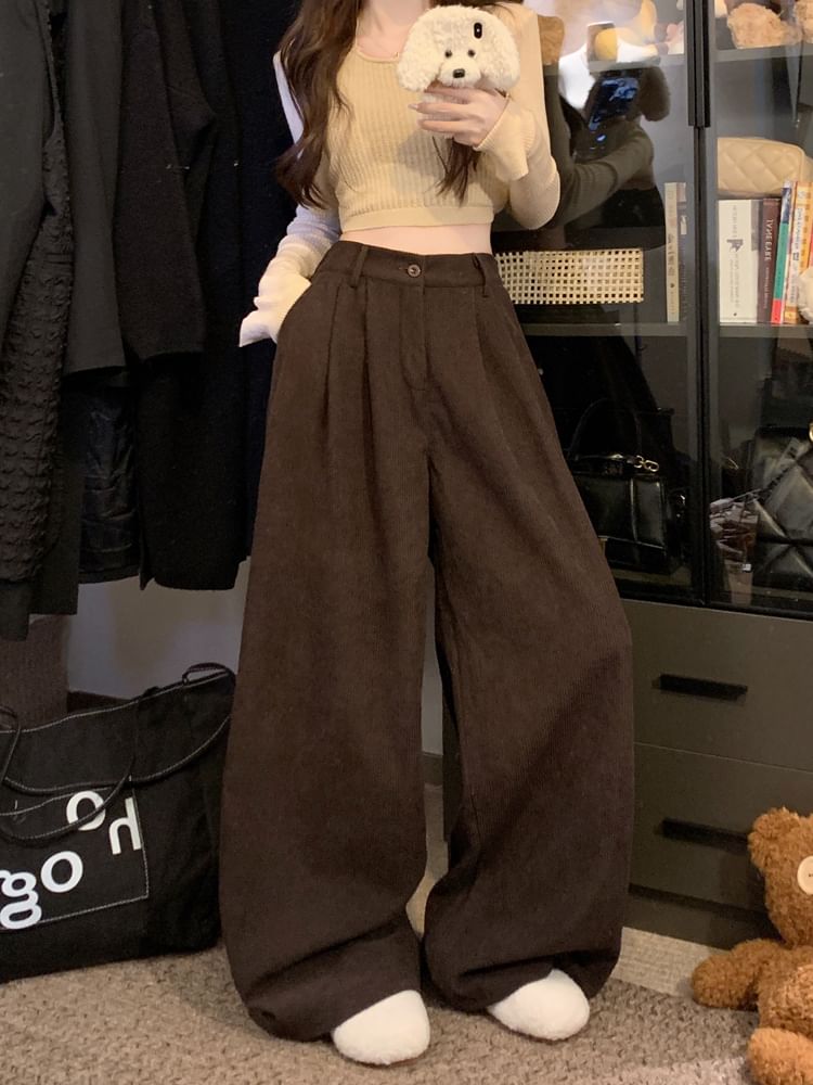Flowerisque - Hoge taille effen corduroy broek met wijde pijpen