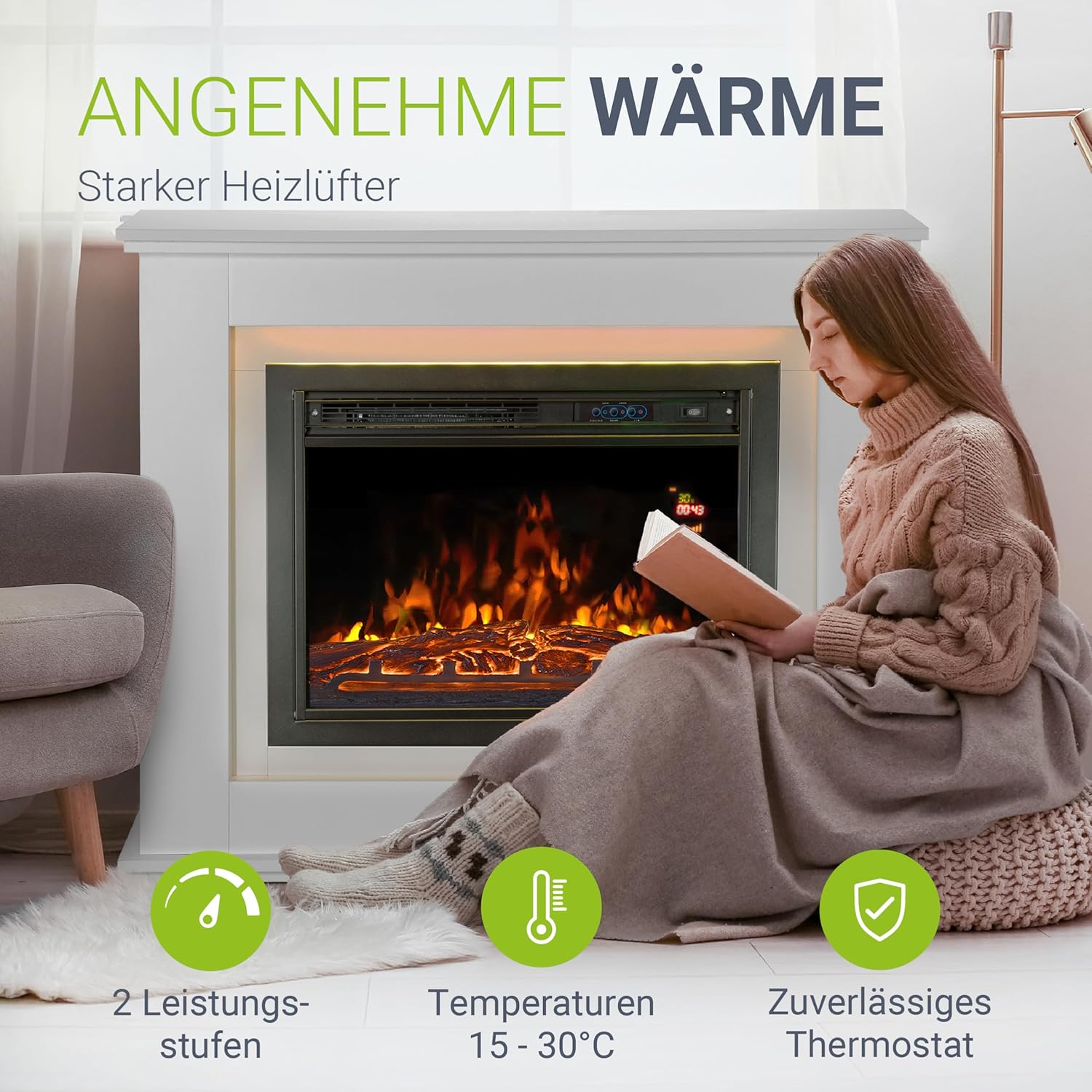 Juskys Elektrokamin 1000/2000 W mit Heizung, Kaminfeuer, Flammeneffekt, Fernbedienung, LED Beleuchtung & Timer - Elektrischer Kamin Standkamin weiß