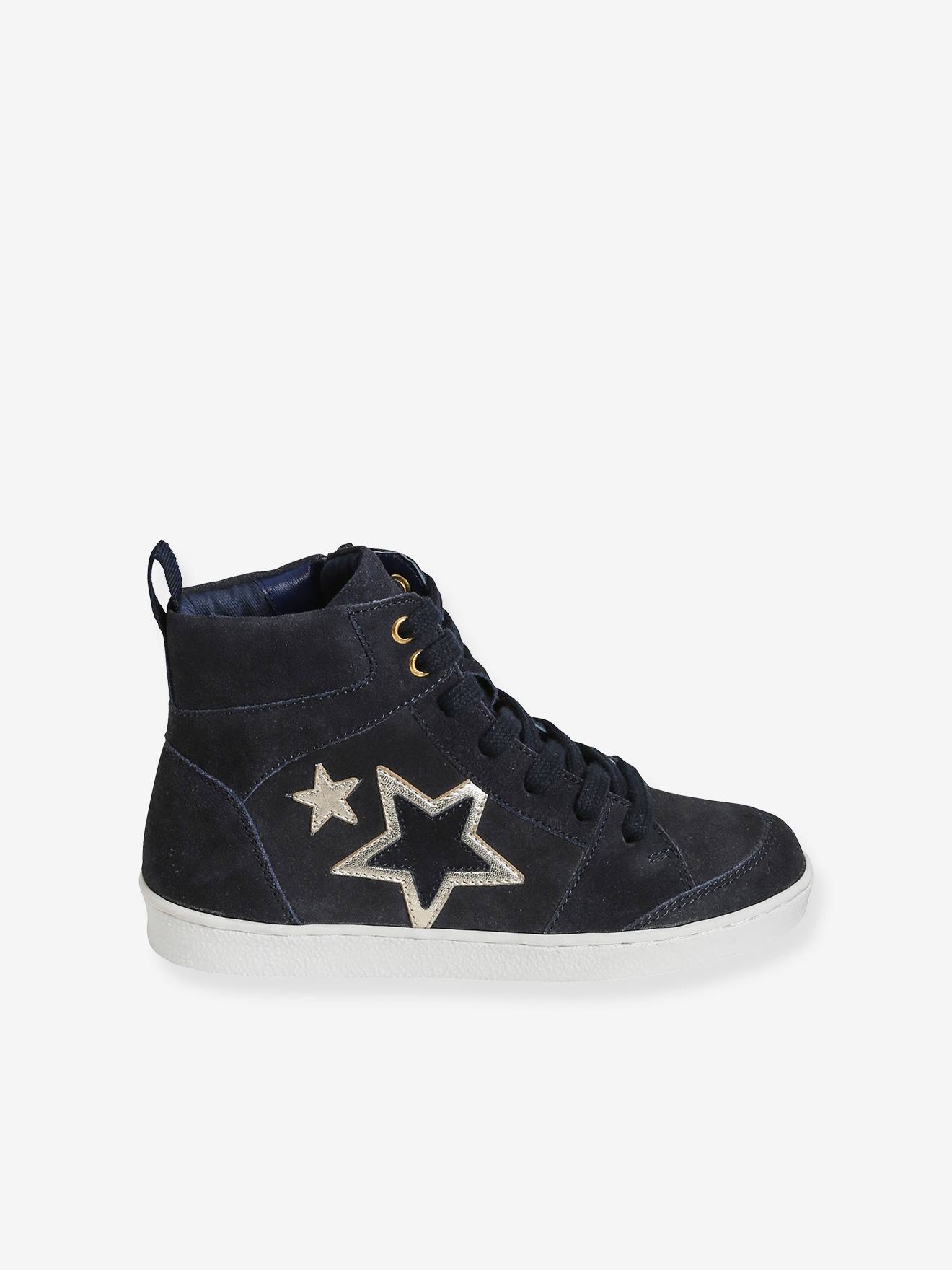 Tênis de cano médio em couro com cadarço e zíper, azul escuro liso com detalhes, para meninas.
