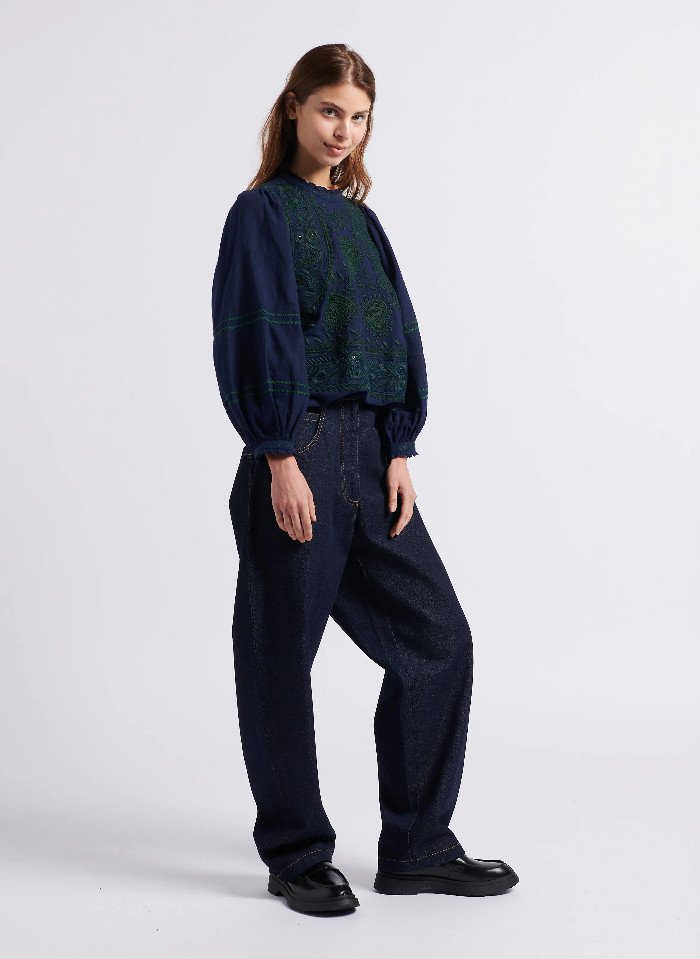 HUGARIAN - Blouse droite col rond en coton | Bleu