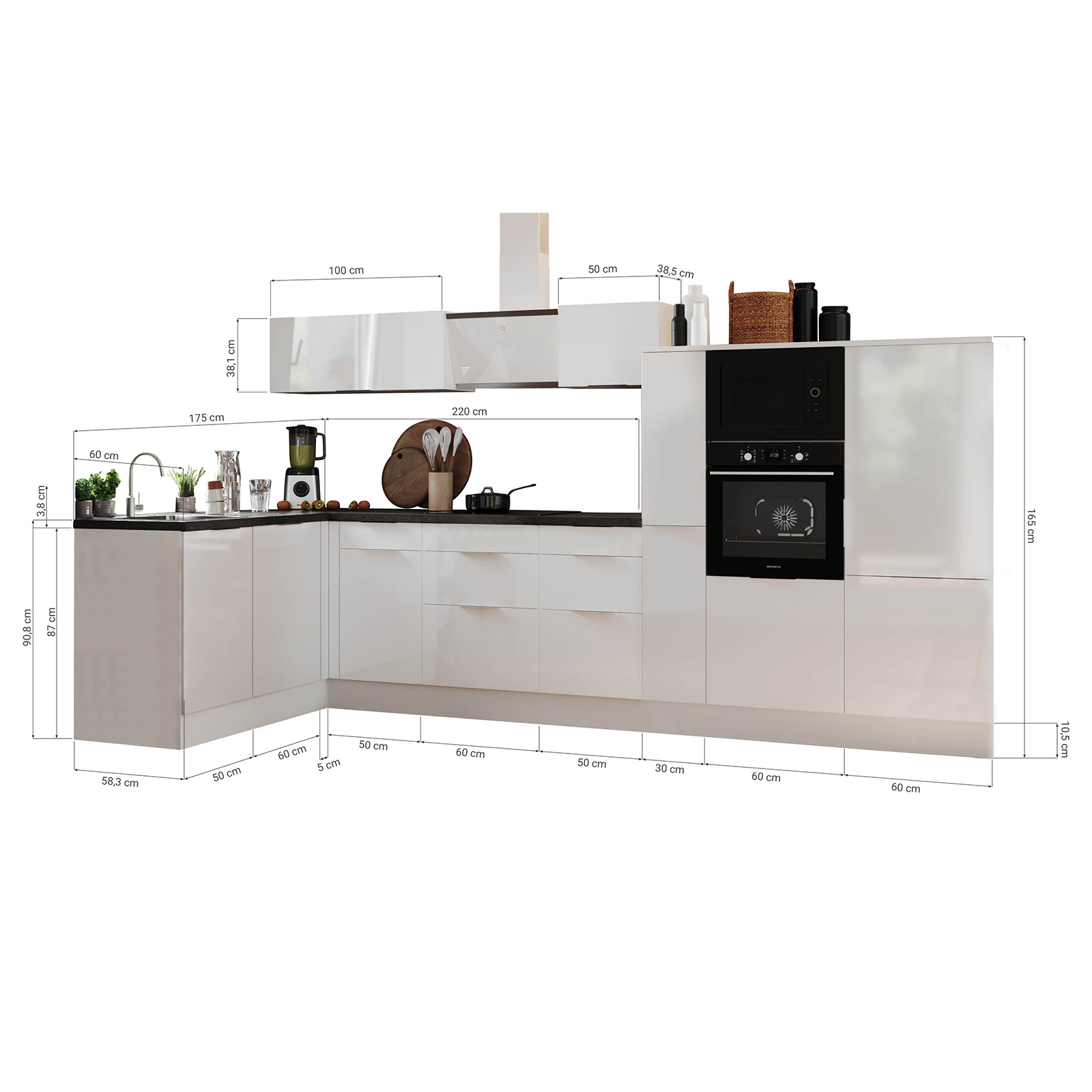 RESPEKTA Winkelküche - Artisan Eiche - weiß matt - mit E-Geräten - 370 cm