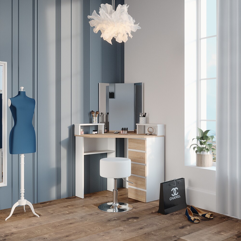 Vicco Eckschminktisch Frisiertisch Frisierkommode Tilda Weiß Sonoma Spiegel Hocker 110x140 cm modern Ablage