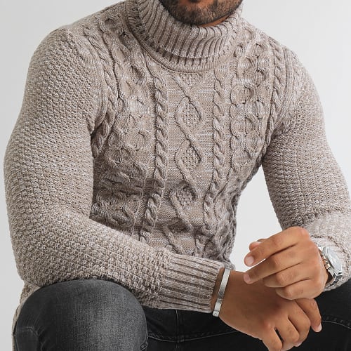 Pull Col Roulé Torsades 0379 Beige Chiné