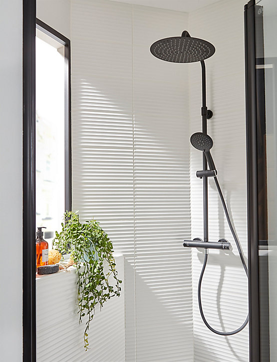 Colonne de douche thermostatique avec pommeau + douchette 3 jets + flexible + barre réglable, noir mat, GoodHome Weddell
