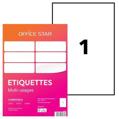 Office Star - 100 Étiquettes multi-usages blanches - 210 x 297 mm - réf OS43478