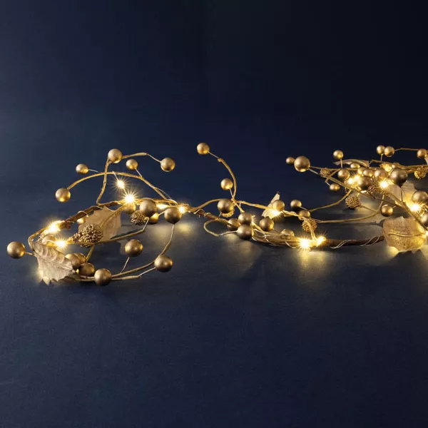 Guirlande lumineuse à piles 45 LED (180 cm) Baies Or et blanc chaud