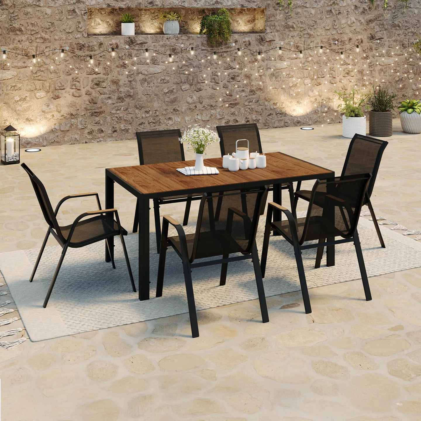 Salon de jardin NOUMEA table 150 cm plateau effet bois et 6 chaises empilables noir et bois
