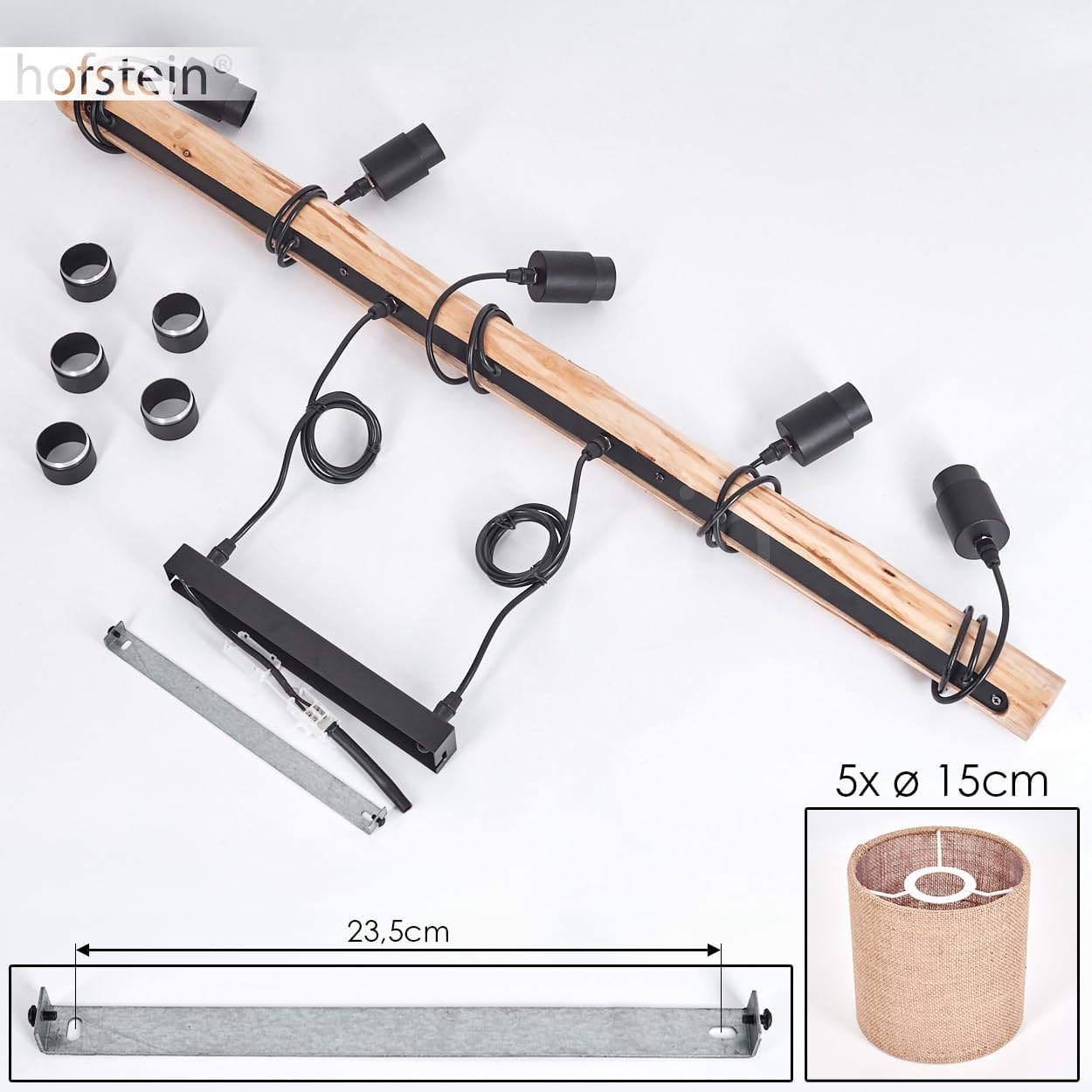 HOFSTEIN Pendelleuchte Soungou, moderne Hängelampe aus Holz/Metall/Leinen in Natur/Schwarz/Beige, 5-flammige Hängeleuchte im skandinavischen Design, Höhe max. 143 cm, E27, Wohnzimmer, Esszimmer, Küche
