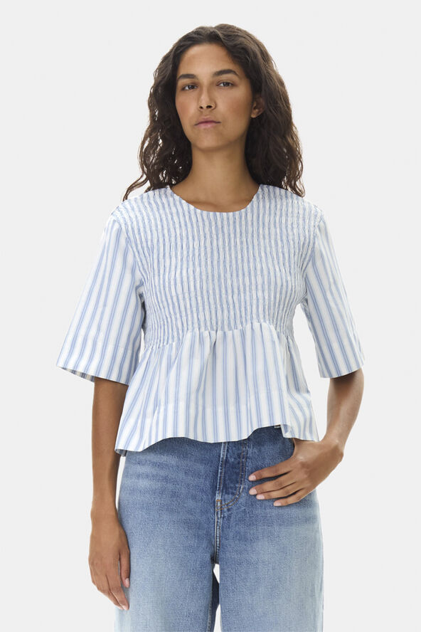 Ganni Stripe Cotton Open Back Smock Blous Egret