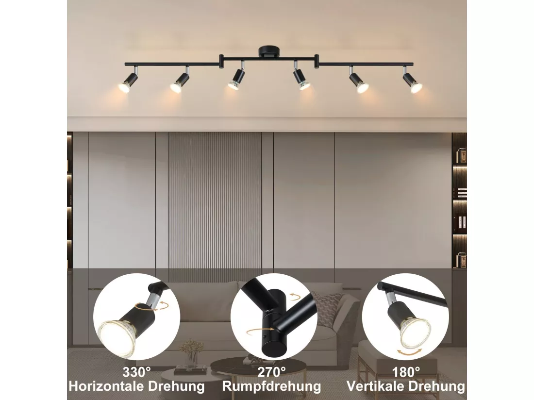 NETTLIFE 6 Spots de plafond en métal GU10 noir orientables à 330° pour cuisine salon chambre
