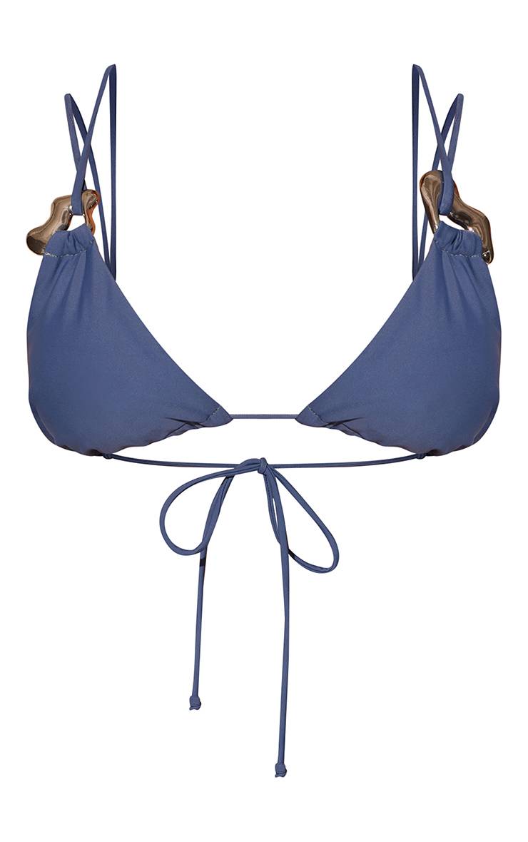 Bleu Haut De Bikini Triangle Avec Anneau Argenté Profond