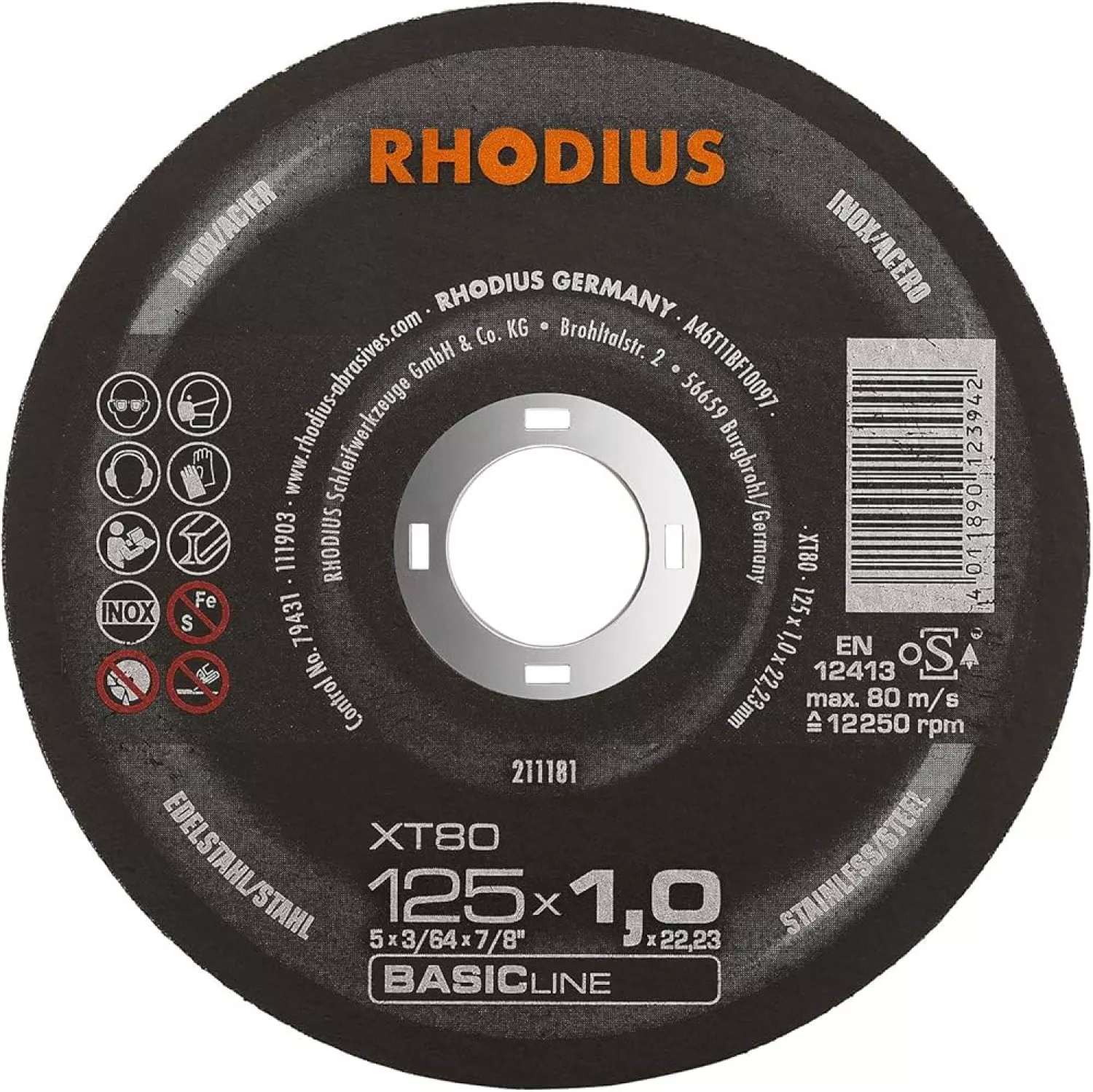 Rhodius XT80 BASICline Doorslijpschijf - Extra dun - 125 x 22,23 x 1mm - RVS/Staal (50st)