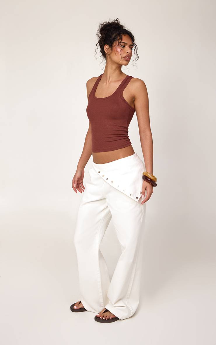 Blanc Jean À Panneau Asymétrique Détail Boutons Perle
