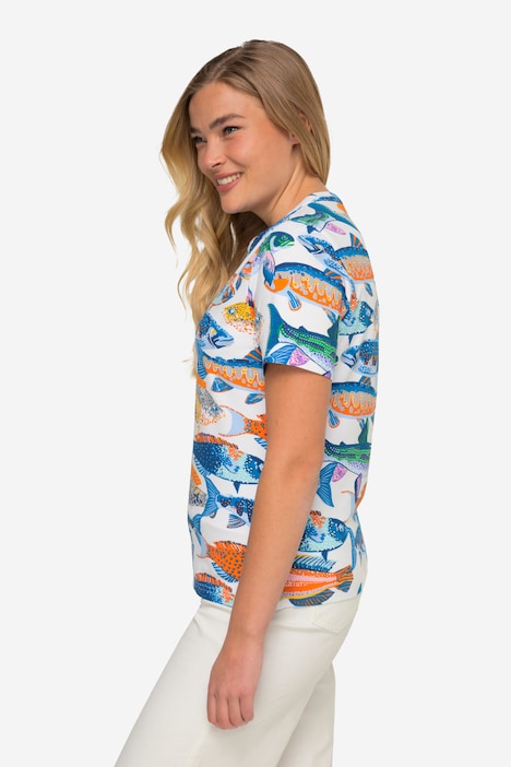 T-Shirt, Fische-Print, Tunika-Ausschnitt, Halbarm, OEKO-TEX