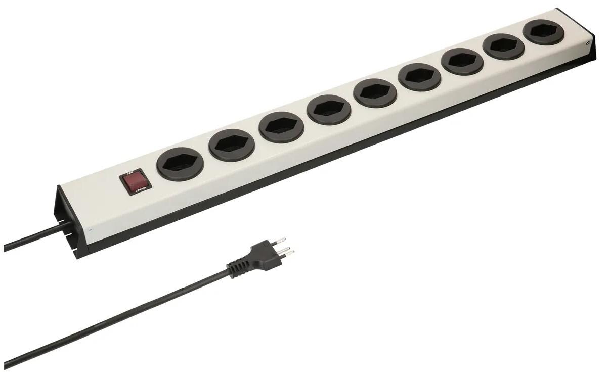 Steckdosenleiste Power Line 9x T13 mit SchalterSilberne Mehrfachsteckdose mit Schalter und 1.5 m langem Kabel