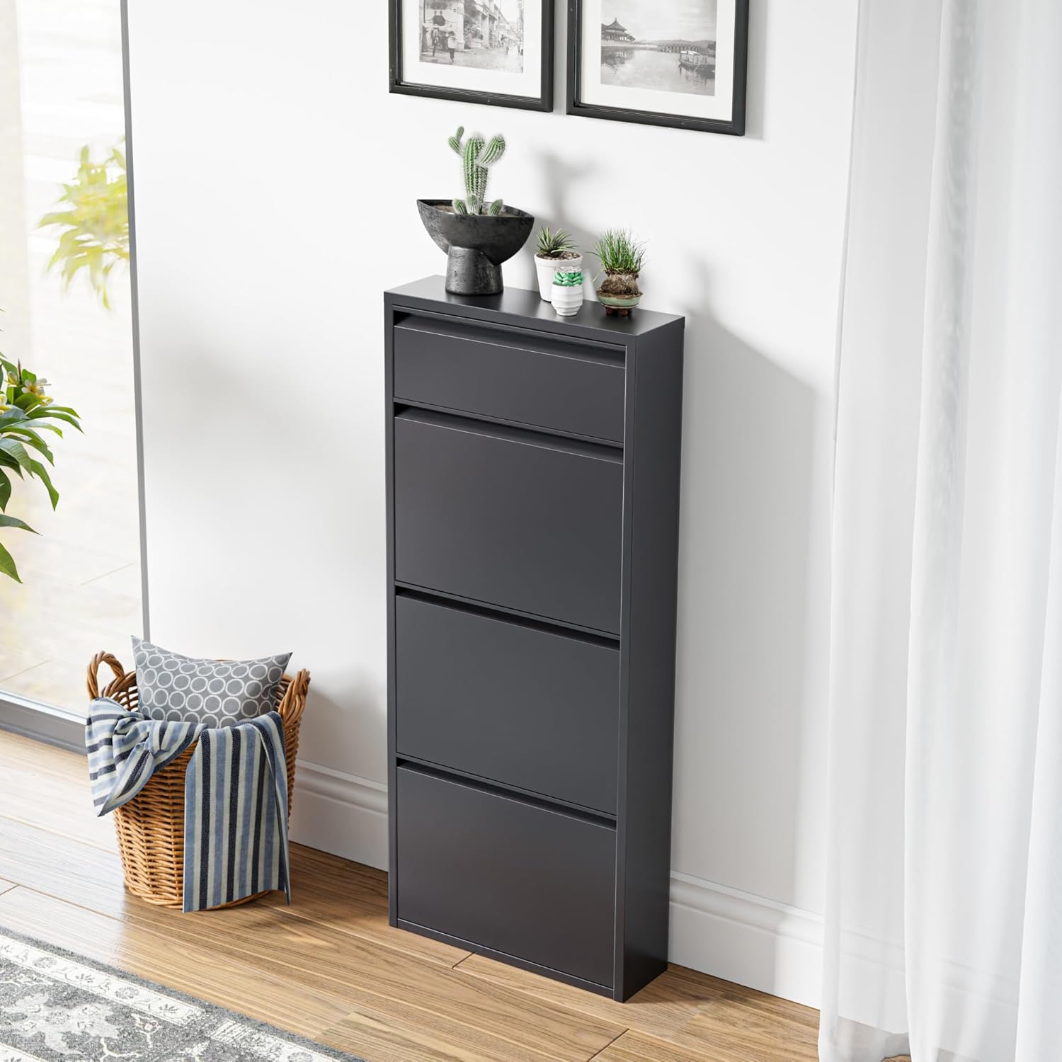 [en.casa] Schuhschrank Sokndal Schuhkipper mit 4 Klappen Metall Schuhkommode für 6 Paar Schuhe 118 x 50 x 15 cm Grau