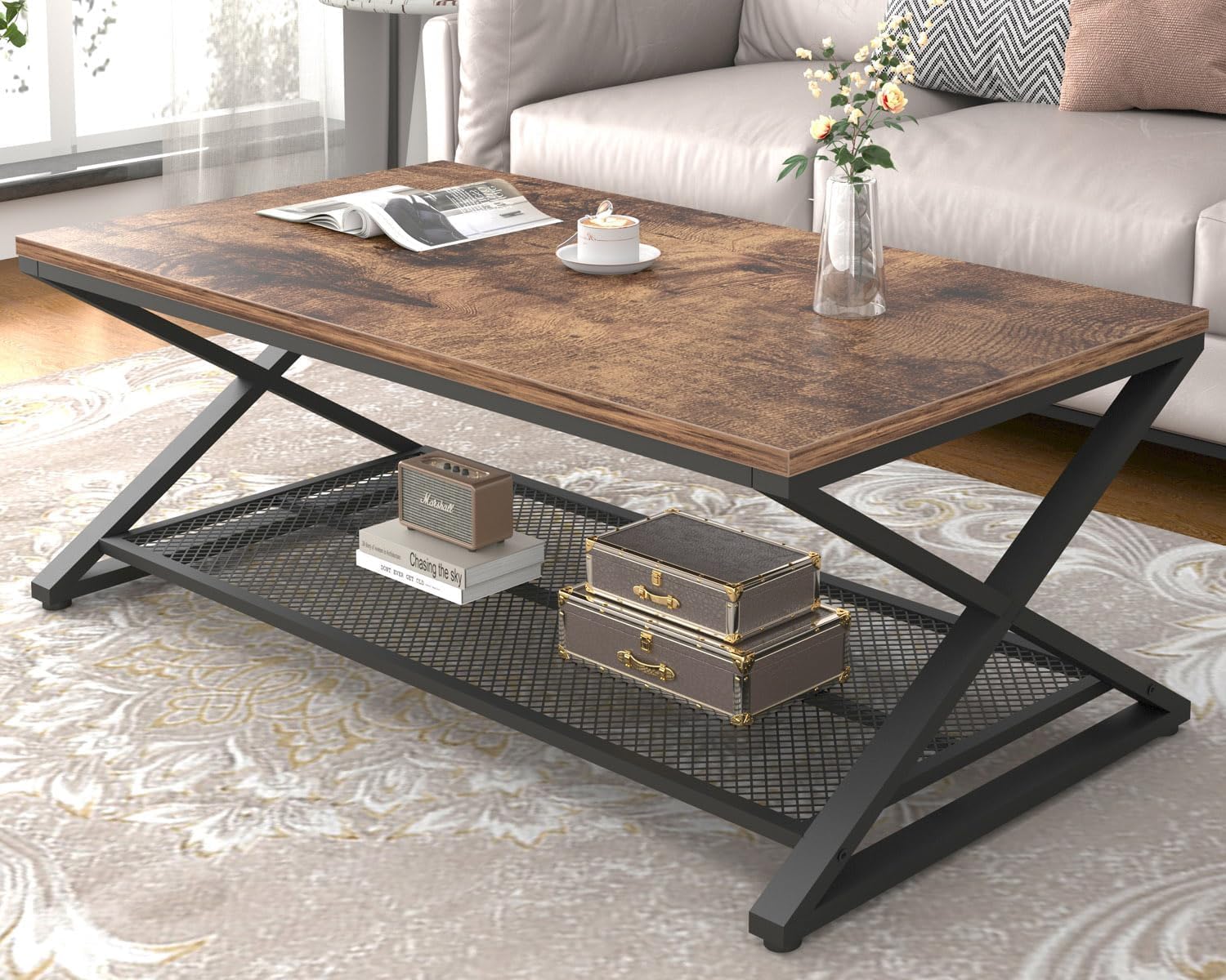 LVB Couchtisch Rechteckig, Wohnzimmertisch, Sofatisch Beistelltisch Holz Metall Wohnzimmer möbel Couchtisch, Vintage Retro Industrie Design 120x60x45 cm