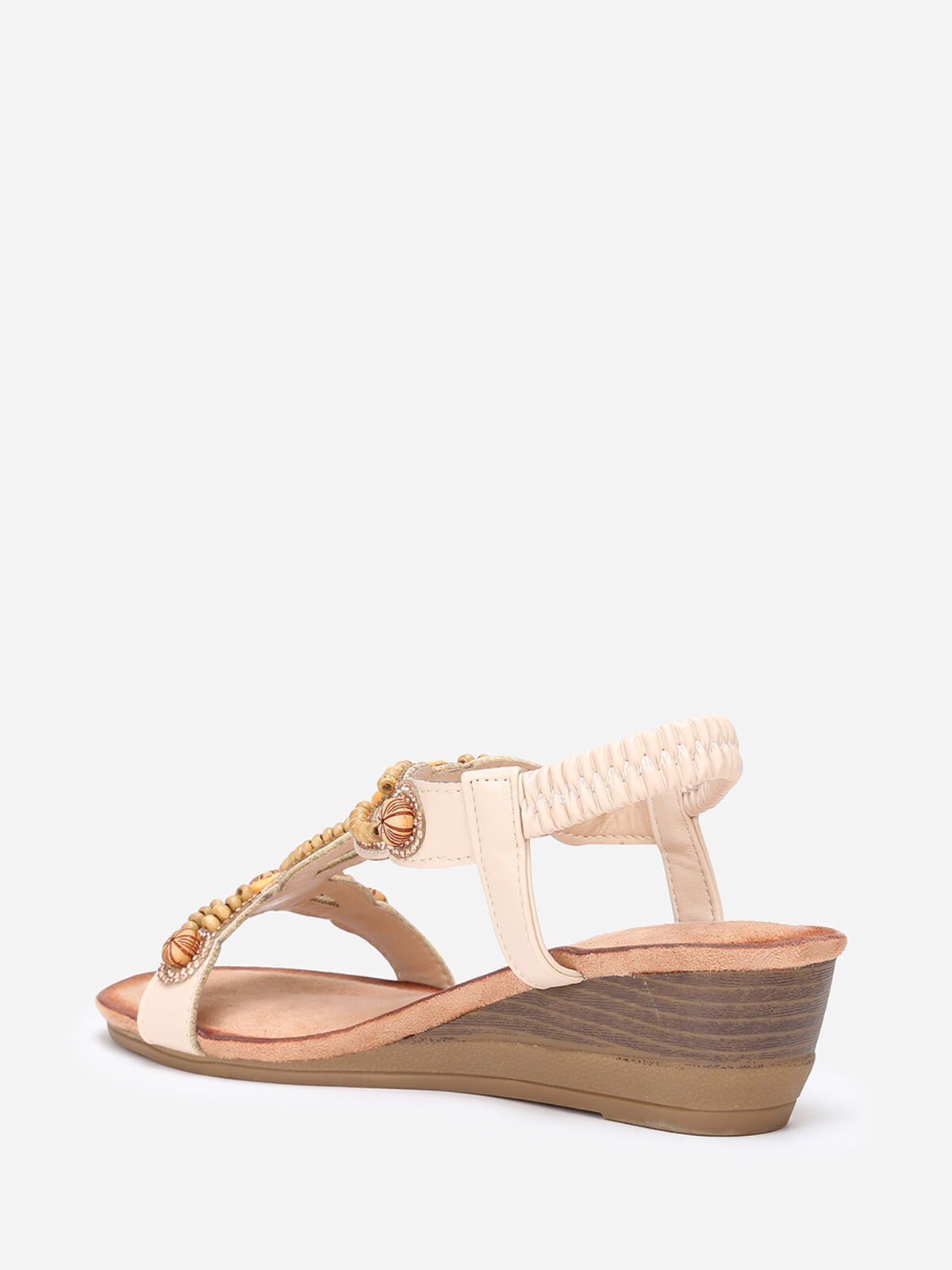 Sandales compensées à strass et perles- Beige