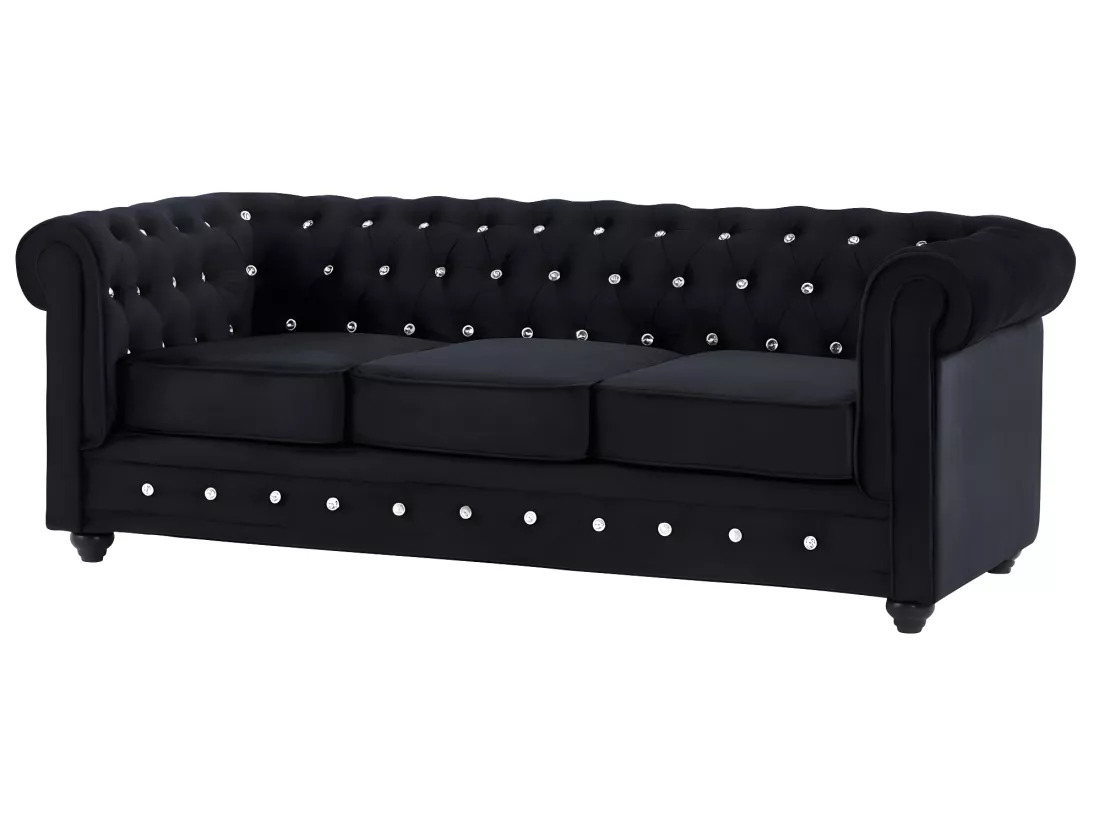 Canapés 3 places, 2 places et fauteuil en velours noir et boutons effet cristal CHESTERFIELD