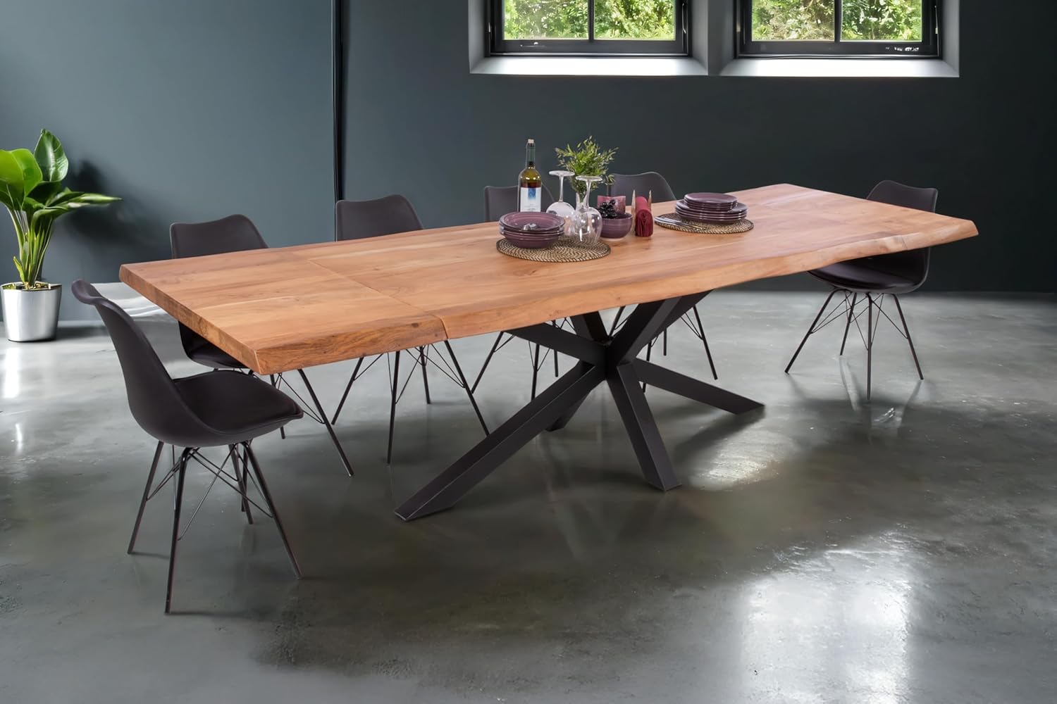 SAM Esstisch Cali mit Ansteckplatten | 180 x 90 cm (erweiterbar auf 280 x 90 cm) | Akazie massiv & naturfarben | echte Baumkante | Spider-Gestell Metall schwarz | Baumkantentisch/Esszimmertisch
