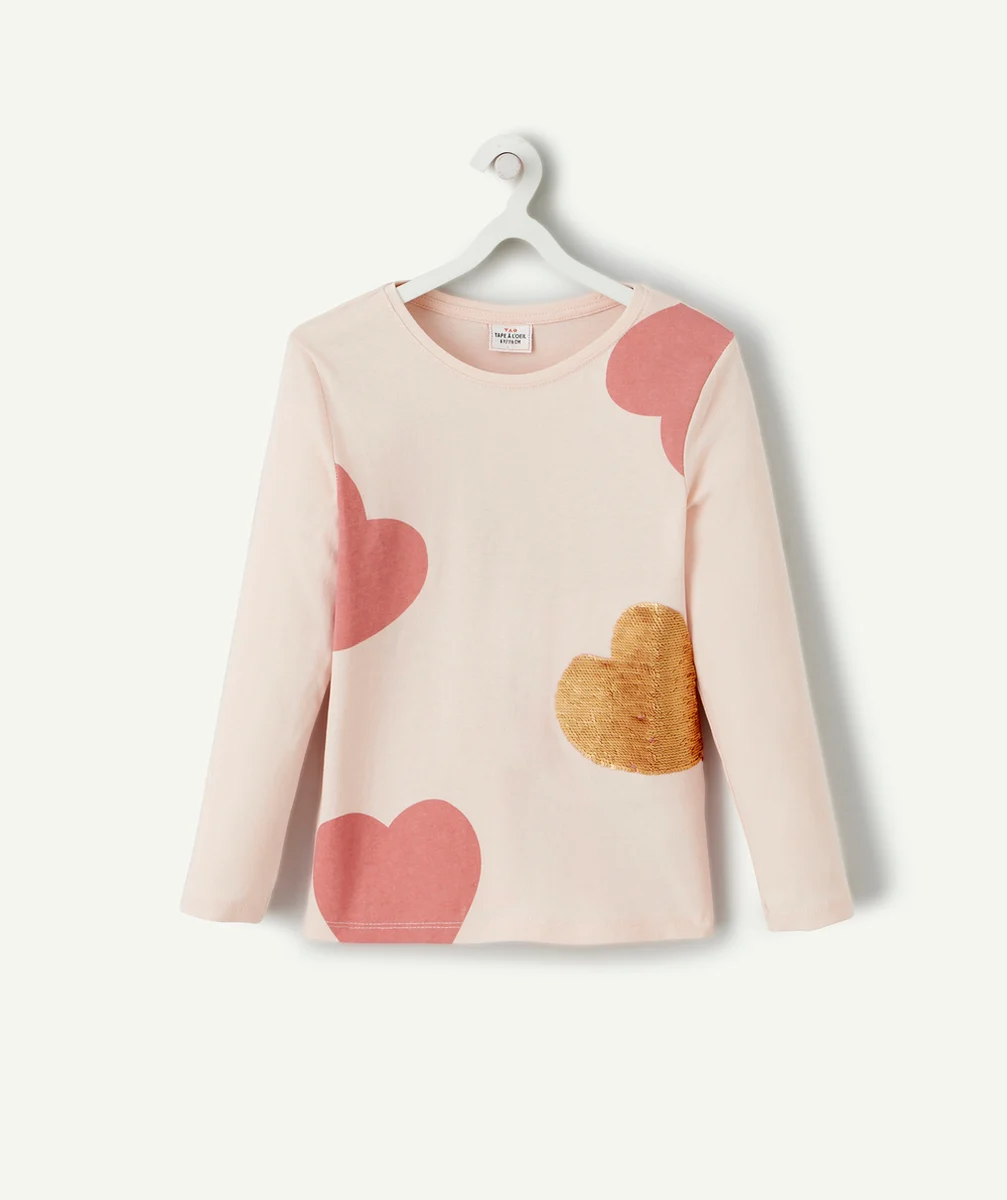 T-SHIRT FILLE EN COTON BIO ROSE AVEC COEURS ET SEQUINS