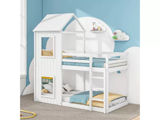 Lits superposés enfant 2 x 90 x 200 cm - avec échelle et garde-corps - charge max 120kg - Pin - Blanc