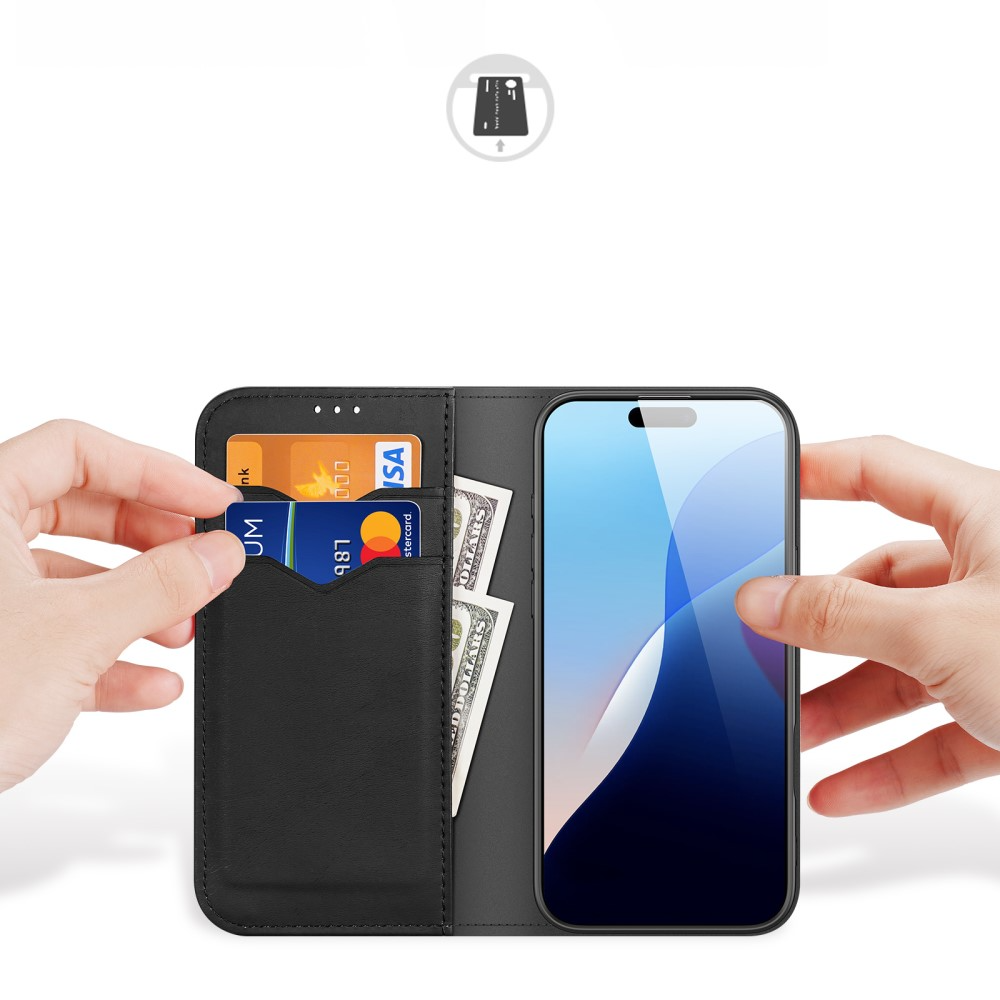 iPhone 16 Pro Flip Wallet Cover Echtleder Tasche (RFID Schutz) - Schwarz